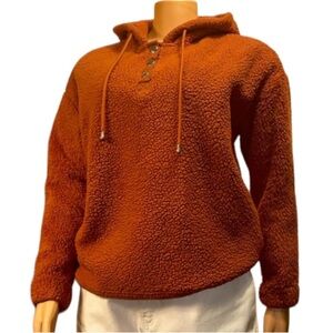 Mesh + Lace Woman’s Sherpa Pullover Snap Henley Hoodie Burnt orange Fuzzy size M